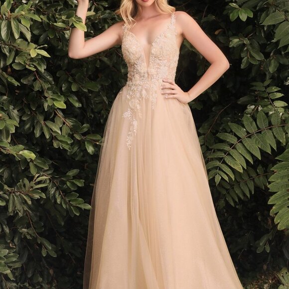 champagne color PROM PARTY FORMAL EVENING LONG MAXI FLORAL A-LINE GOWN CD075
